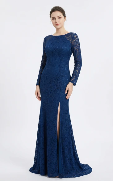 Jewel Neck Lace Long Sleeve Split Gown
