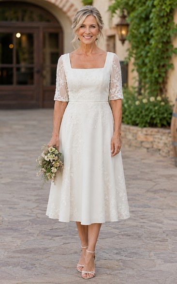 Tea Length Satin Older Brides Wedding Dress with Lace Half Sleeves