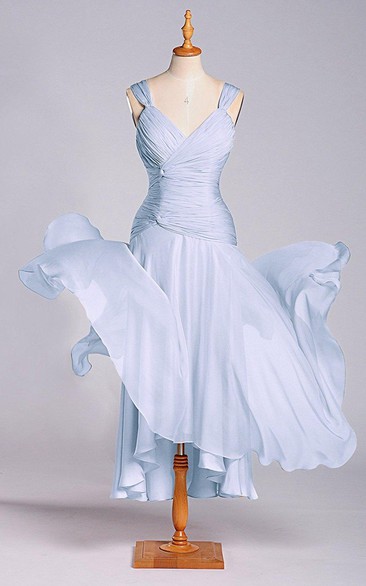 Stunning A-line Tea-length Dress with Dropping and Ruching