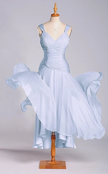 Stunning A-line Tea-length Dress with Dropping and Ruching