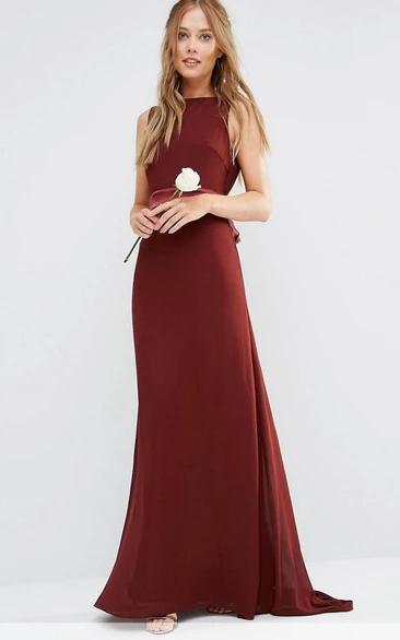 A-Line Jewel-Neck Bowed Maxi Sleeveless Chiffon Bridesmaid Dress