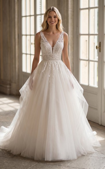 Lace Bodice Tulle Ball Gown Wedding Dress with V-Neck Straps and Chapel Train