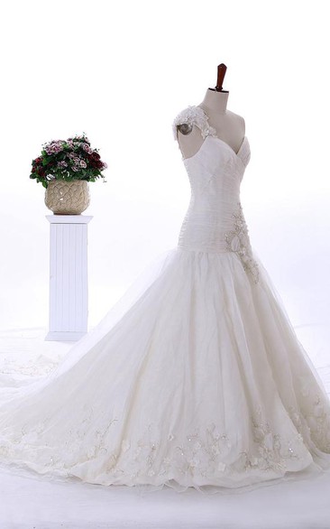 A-Line Ball Gown Floor-Length Off-The-Shoulder One-Shoulder Sweetheart Sleeveless Bell Dropped Beading Flower Cathedral Train Corset Back Lace Organza Dress