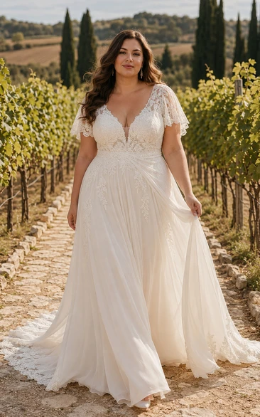 Robe de mariée grande taille en mousseline de soie, coupe trapèze, col en V et manches en dentelle, style vignoble