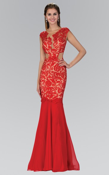 Trumpet Floor-Length Bateau Cap-Sleeve Lace Chiffon Deep-V Back Dress