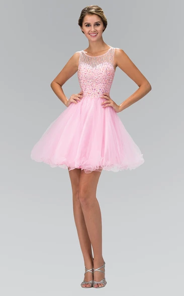 A-Line Mini Scoop-Neck Sleeveless Tulle Illusion Dress With Beading And Ruffles