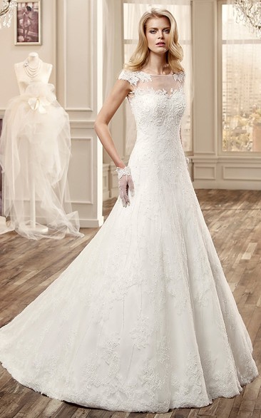 Cap-Sleeve Long Wedding Dress With Illusive Neckline And Court Train