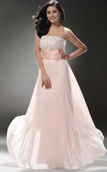 Strapless Beaded Empire Column Shape Floor Length Skirt with Hamdmade Flower Decoration Beautiful Prom Dress