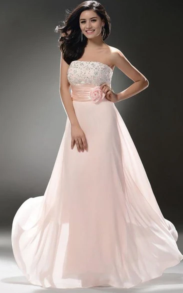 Strapless Beaded Empire Column Shape Floor Length Skirt with Hamdmade Flower Decoration Beautiful Prom Dress