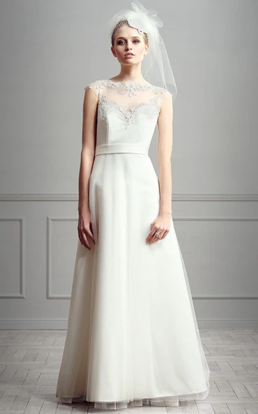 A-Line Jewel-Neck Floor-Length Cap-Sleeve Appliqued Satin Wedding Dress