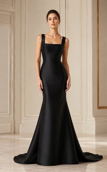 Black Square Neck Mermaid Satin Formal Dress