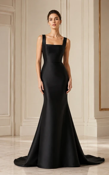 Black Square Neck Mermaid Satin Formal Dress
