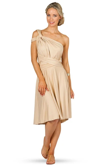 Knee-Length Sleeveless Ruched One-Shoulder Chiffon Convertible Bridesmaid Dress With Straps