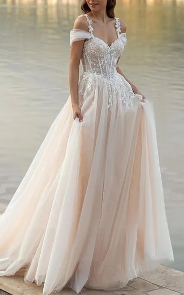 Off-Shoulder Lace Wedding Dress with Sparkles