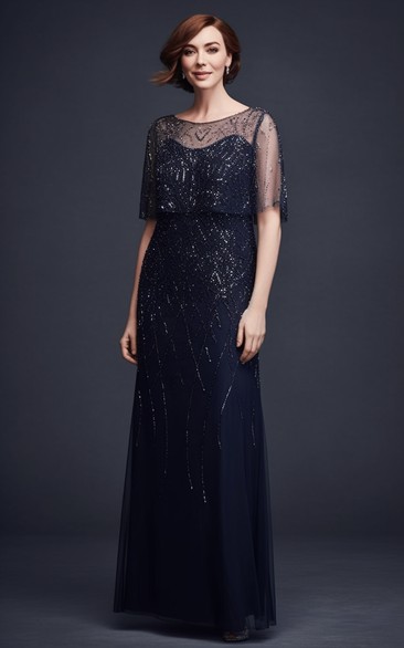 Scoop-neck Illusion Half-sleeve Sheath Beaded Dark Blue Mother of Bride Dress