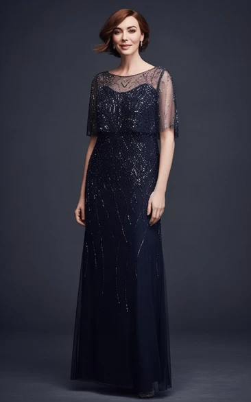 Scoop-neck Illusion Half-sleeve Sheath Beaded Dark Blue Mother of Bride Dress