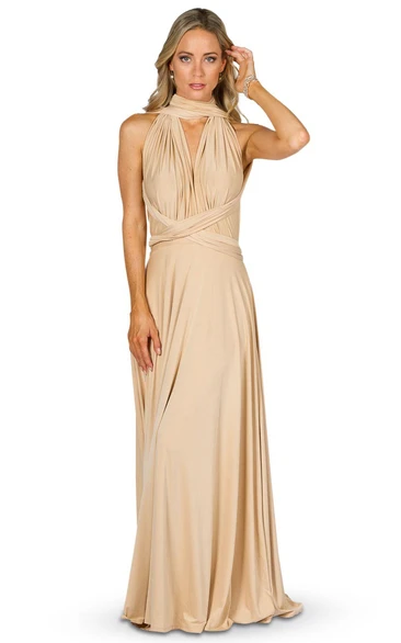 Bowed Strapped Sleeveless Jersey Convertible Bridesmaid Dress