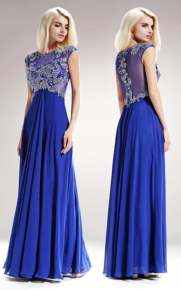 Sheath Scoop-Neck Cap-Sleeve Empire Chiffon Illusion Dress With Beading And Pleats