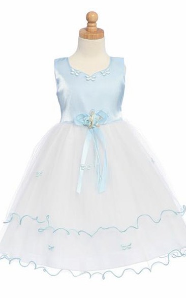 Tea-Length Floral Floral Tulle&Satin Flower Girl Dress