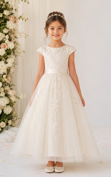 Tea-length Lace Cap Sleeve Tulle Flower Girl Dress with Bow