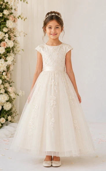 Tea-length Lace Cap Sleeve Tulle Flower Girl Dress with Bow