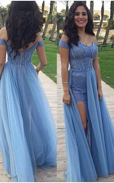 Glamorous Off-the-Shoulder Long Prom Dress Tulle Zipper Back