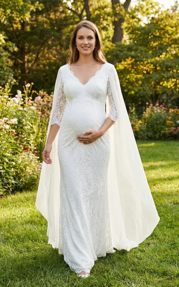 V-Neck Lace Cape Maternity Wedding Dress with Three Quarter Sleeves