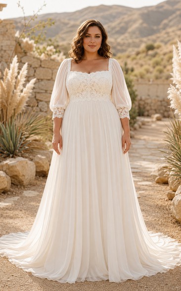 Plus Size Hochzeitskleid mit eckigem Ausschnitt, langen Ärmeln und Spitze in A-Linie