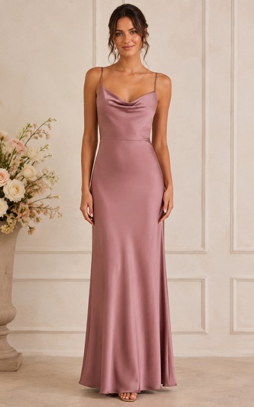 Dusty Rose Satin Sheath Cowl Neck Bridesmaid Dress