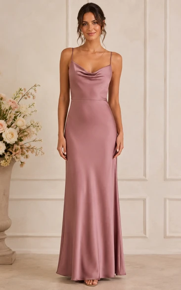 Dusty Rose Satin Sheath Cowl Neck Bridesmaid Dress