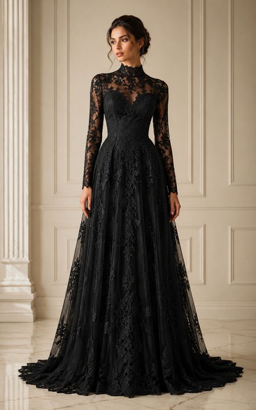 Black High Neck Long Sleeve Lace A-Line Wedding Dress