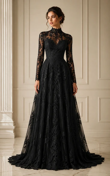Black High Neck Long Sleeve Lace A-Line Wedding Dress