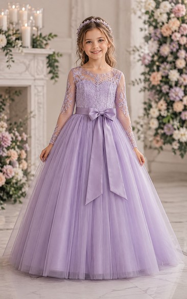 Lavender Long Sleeve A-Line Lace Flower Girl Dress with Bow Sash