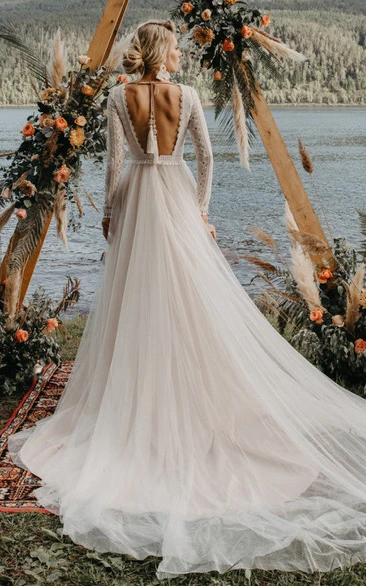 Boho Backless Lace Long Sleeve A-line Tulle Country Wedding Dress