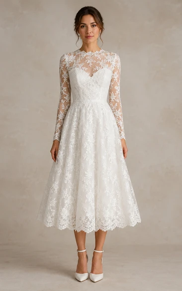 Ivory Long Sleeve Lace Tea Wedding Dress