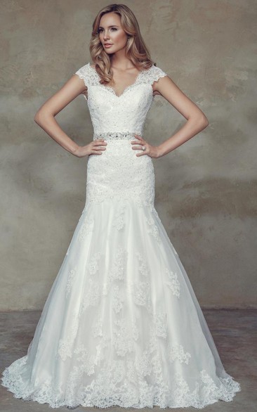 Mermaid Cap-Sleeve Jeweled V-Neck Lace Wedding Dress