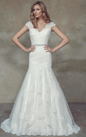 Mermaid Cap-Sleeve Jeweled V-Neck Lace Wedding Dress