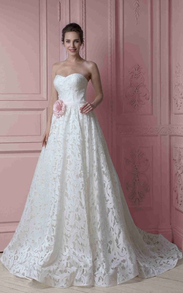 A-Line Sweetheart Satin Wedding Dress With Flower And Lace Up