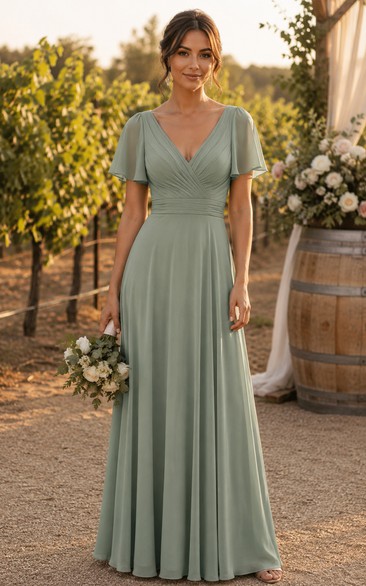 Sage V-neck Short Sleeve A-Line Chiffon Bridesmaid Dress