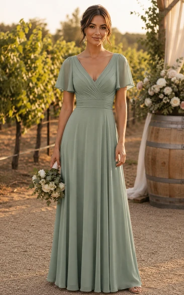 Sage V-neck Short Sleeve A-Line Chiffon Bridesmaid Dress