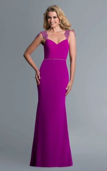 Sheath Long Cap-Sleeve Jersey Deep-V Back Dress