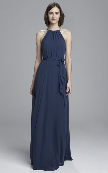 Sheath Floor-Length Sleeveless Ruched High-Neck Chiffon Bridesmaid Dress With Draping