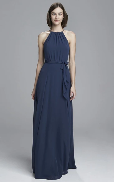 Sheath Floor-Length Sleeveless Ruched High-Neck Chiffon Bridesmaid Dress With Draping