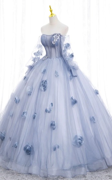 Light Blue Floral Strapless Ball Gown