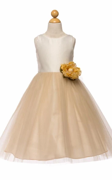Tea-Length Tiered Tulle&Satin Flower Girl Dress