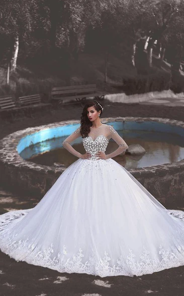 Newest Crystals Tulle Lace Illusion Princess Wedding Dress Long Sleeve Ball Gown