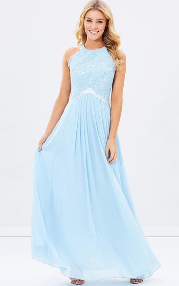 Appliqued Scoop Neck Sleeveless Chiffon Blue Bridesmaid Dress With Ribbon
