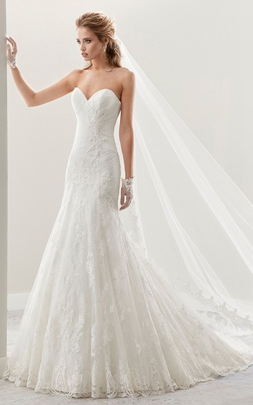 Sweetheart Brush-Train Lace Bridal Gown With Pleated Details And Lace-Up Back