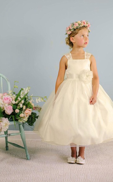 Tea-Length Bowed Floral Lace&Organza Flower Girl Dress With Sash