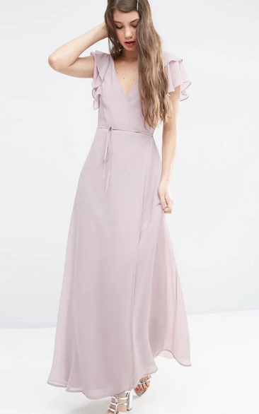 Sheath Ankle-Length Poet-Sleeve V-Neck Chiffon Bridesmaid Dress With Split Front